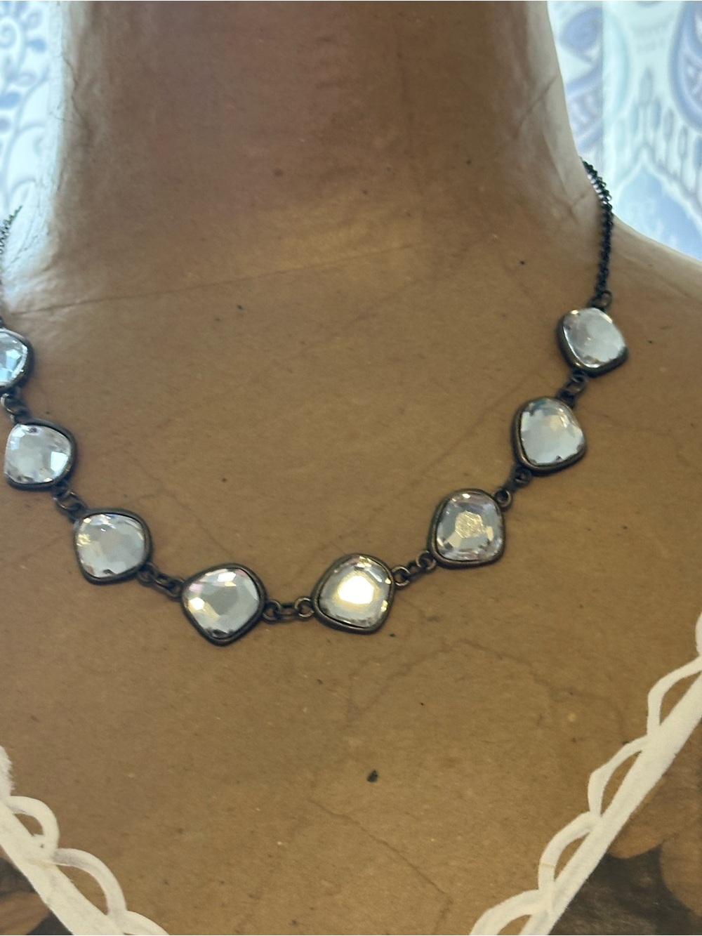 Source Unknown Clear Crystal Station Necklace on Dark Metal